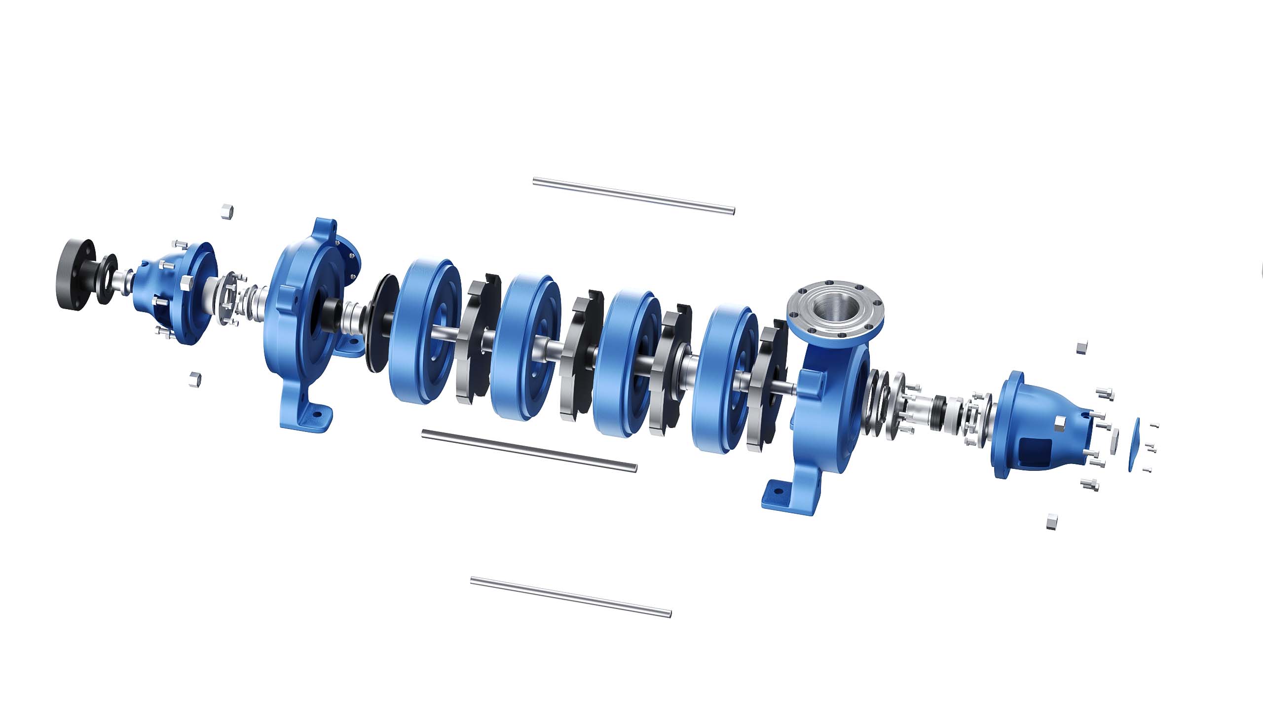 Industrial pump exploded-view still showing separated product components